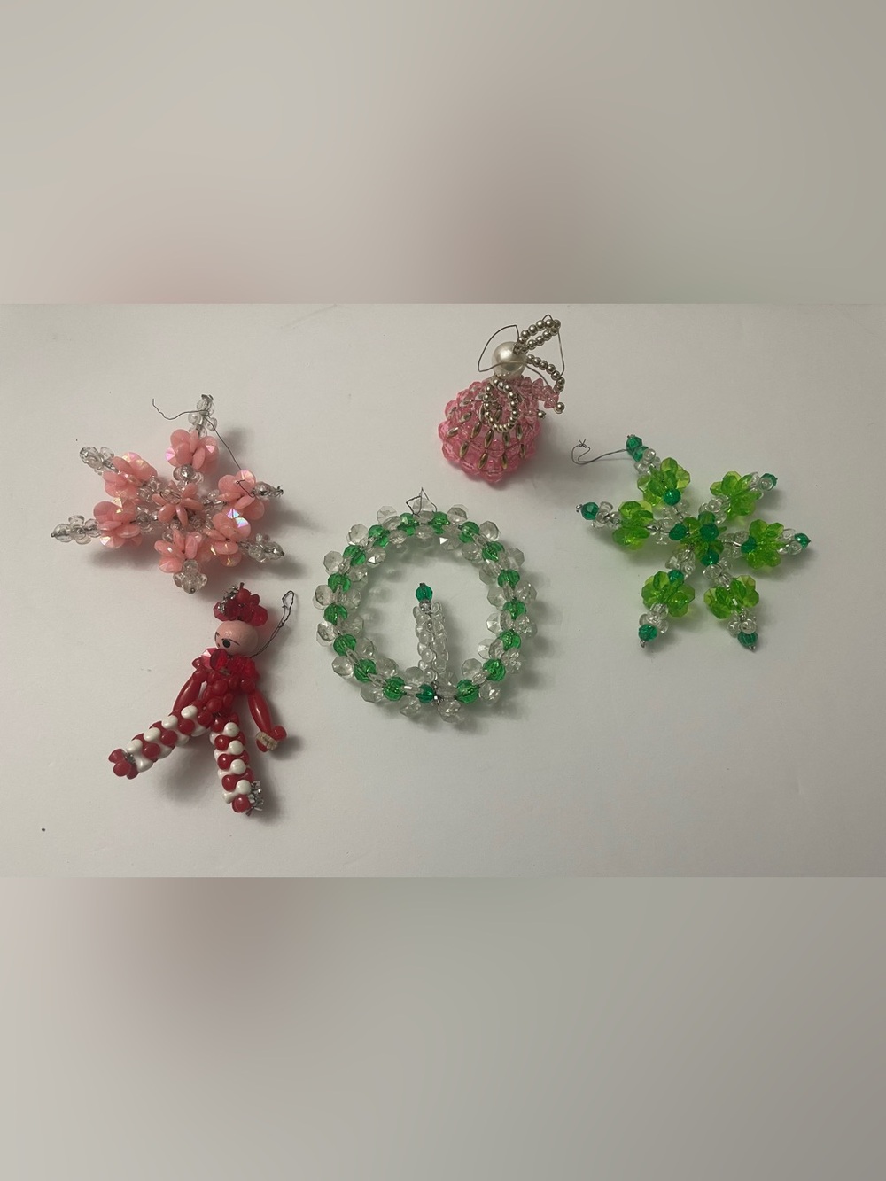 Lot of 5 vintage Hand Beaded Christmas Ornaments Plastic Snowflakes Wreaths